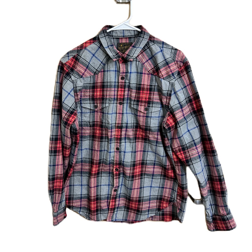 Lucky Brand Men's Blue Red Plaid Flannel Long Sleeve Button Down Pocket Shirt L - Picture 2 of 8
